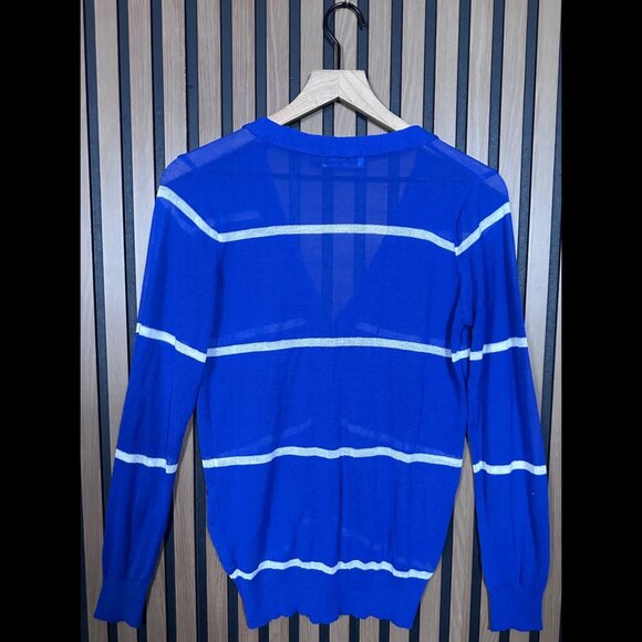 POL Sweater Small Womens Blue Striped Sheer Knit Ruched Pockets Button Cardigan - Picture 2 of 7